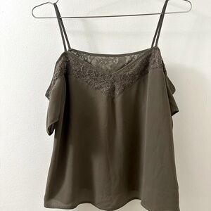 EXPRESS Vintage Olive Green Sheer Lace Off-the-Shoulder Accent Top, XS